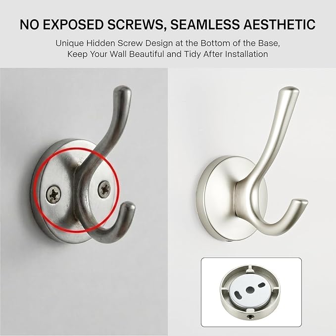 Matte Silver Towel Hooks 4 Pack, Heavy Duty Zinc Alloy Double Prong Coat Robe Hooks, Wall Mounted Towel Hooks for Bathroom, Kitchen, Closet, Garage, Entryway (195silver)