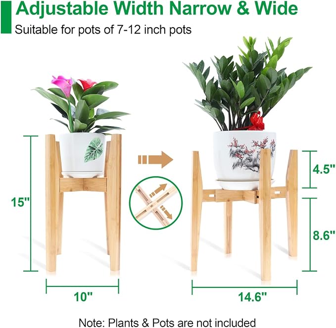 OERGKE 2 PACK Adjustable Plant Stand Indoor, Bamboo Mid Century Modern Plants Stands, Corner Flower Holder for Living Room, Fits 8 to 12 Inches Pots, (Pot & Plant Not Included)(Nature)