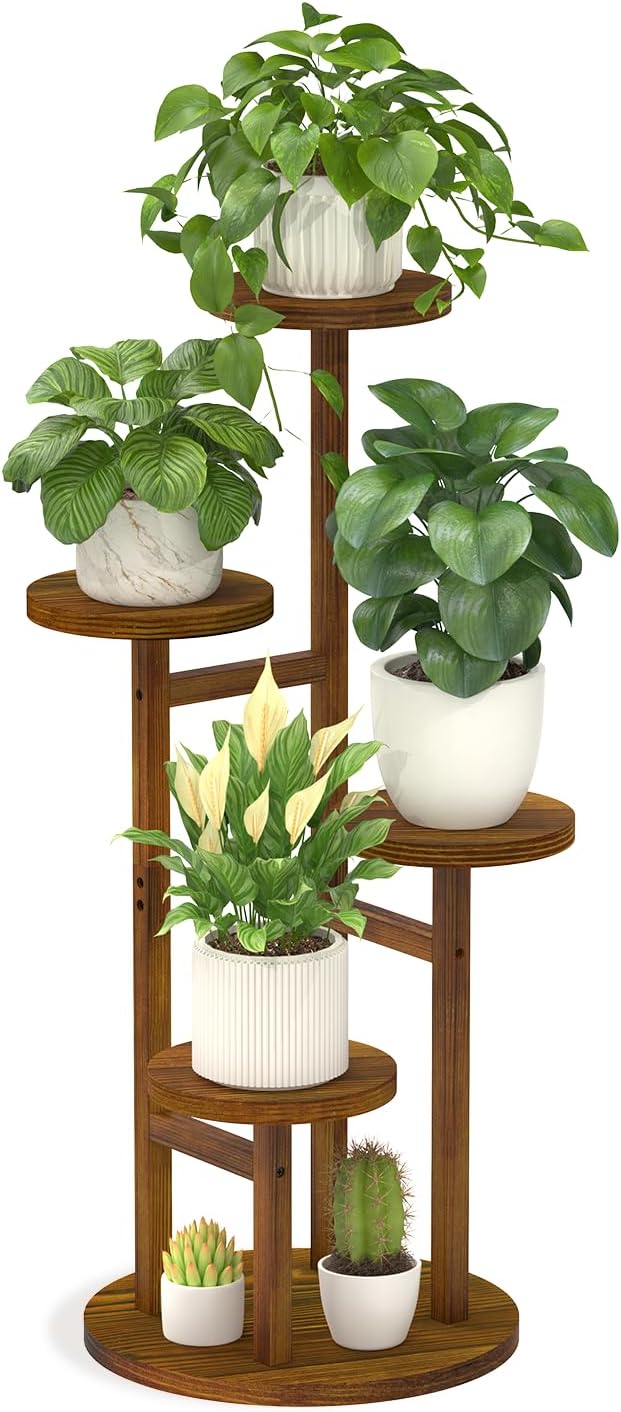 LASZOLA 4 Tiered Wood Plant Stand Indoor Corner, Flower Holder Rack Tall for Multiple Plants, Rustic Planter Shelf Display for Patio Garden Balcony Living Room
