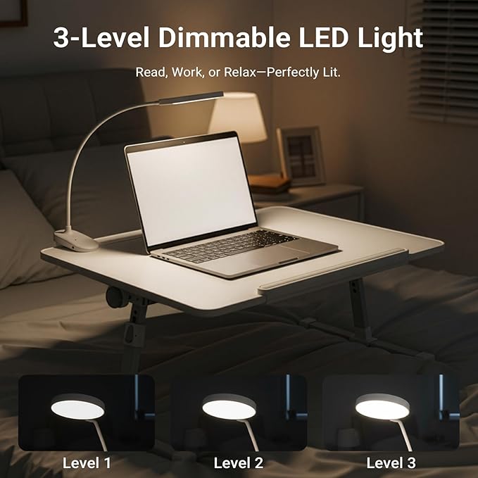 iXTRA Laptop Lap Desk with Cooling Fan - Adjustable Bed Desk with Light, Bed Table with Cup Holder&Phone Holder - Storage Drawer Desk - Folding Bed Desk,White,70x45cm