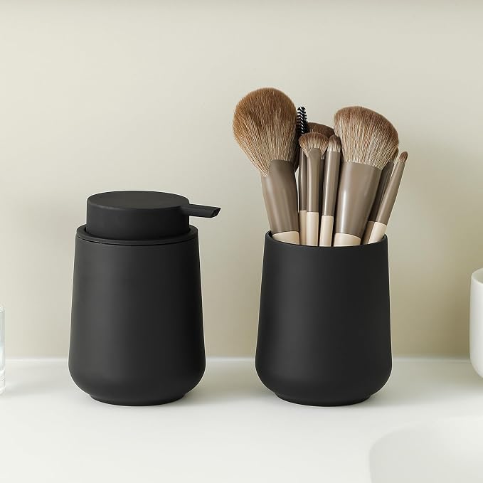 YAUKPH Matte Black Bathroom Accessories 2 Piece Set Plastic Soap Dispenser and Toothbrush Holder for Modern Bathroom Decor