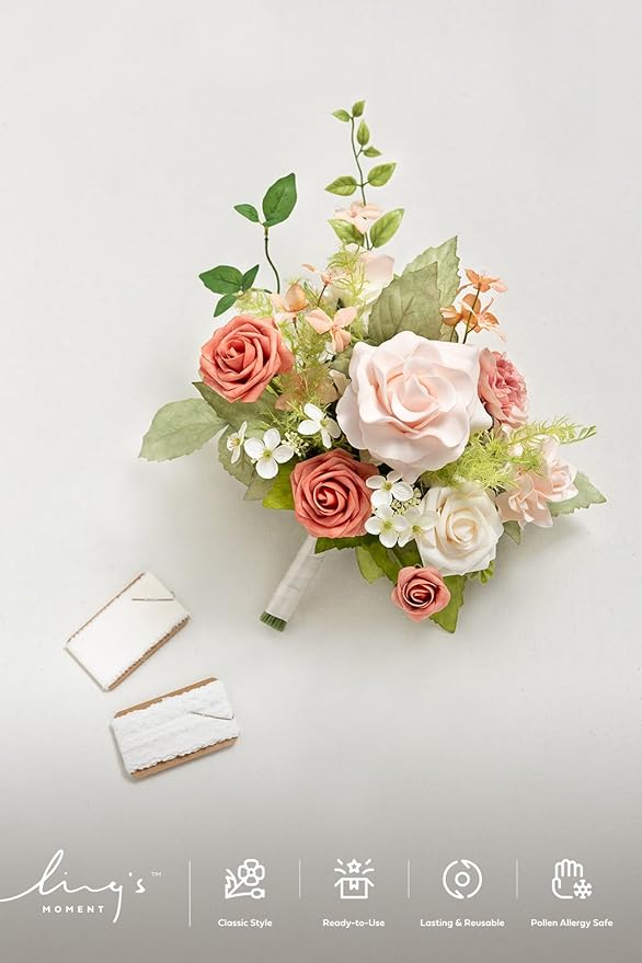 Ling's moment Artificial Flowers Pink Bridesmaid Bouquet, Blush Garden Wedding Flowers Bouquets for Bridesmaids, 7 Inch Bridal Bouquets for Bridesmaids, Wedding, etc