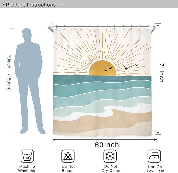 Miyotaa Abstract Sun Minimalist Shower Curtain Set 60Wx71H Inches Beach Sunrise Aesthetic Coastal Teal Turqoise Aqua Polyester Waterproof Cloth Bathroom Curtain with 12 Hooks