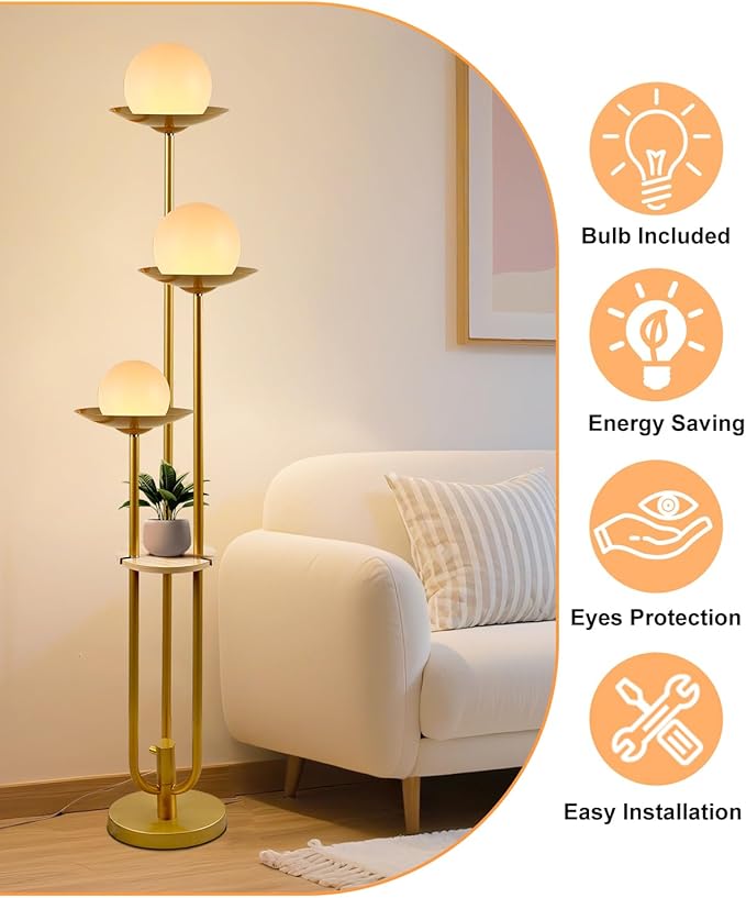 63IN Globe Floor Lamp with Shelf 3-Lights Modern Dimmable Floor Lamps with 3000K Soft Warm White Bulbs for Wedding/Party, Gold Tall Standing Lamp with 5Lbs Heavy Base for Living Room/Bedroom
