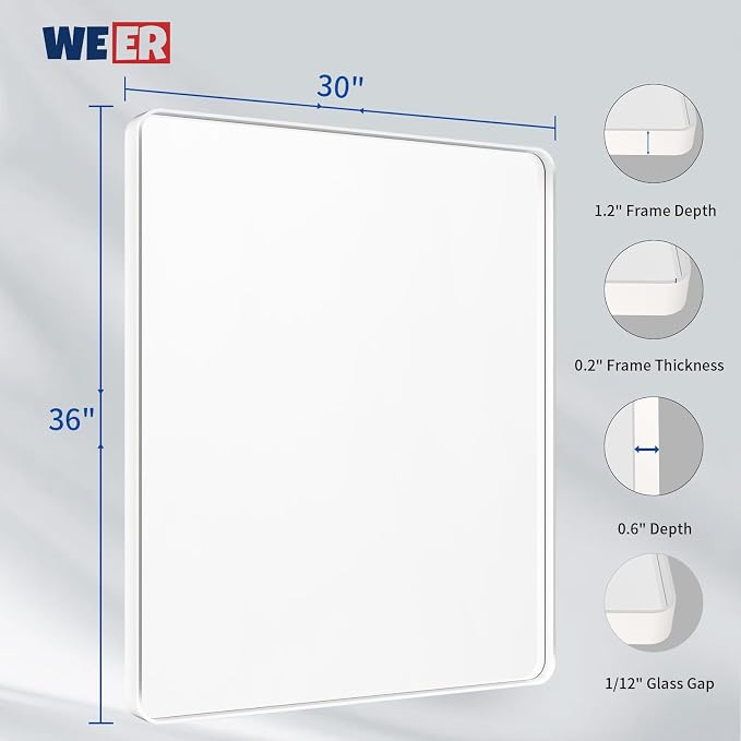 WEER White Bathroom Mirror 36X30 Inch, Rounded Rectangle White Metal Frame Mirror, Matte White Bathroom Vanity Mirror with Tempered Glass, Anti-Rust, Hangs Horizontally or Vertically