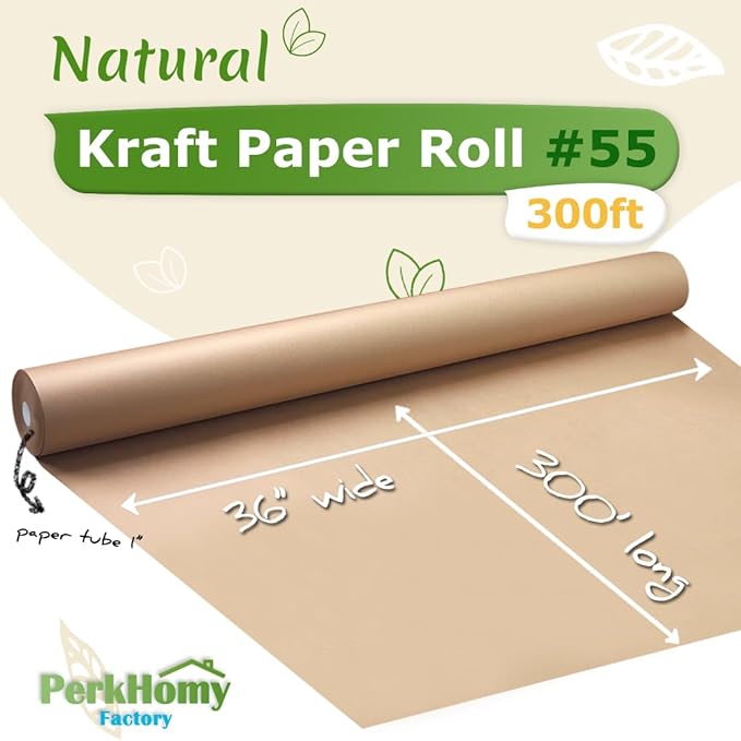 PerkHomy Brown Kraft Paper Roll 36" x 3,600" (300') for Gift Wrapping Bouquet Flower Art Painting Craft Writing Packaging Shipping 80GSM 55LB (Brown, 36" x 300')