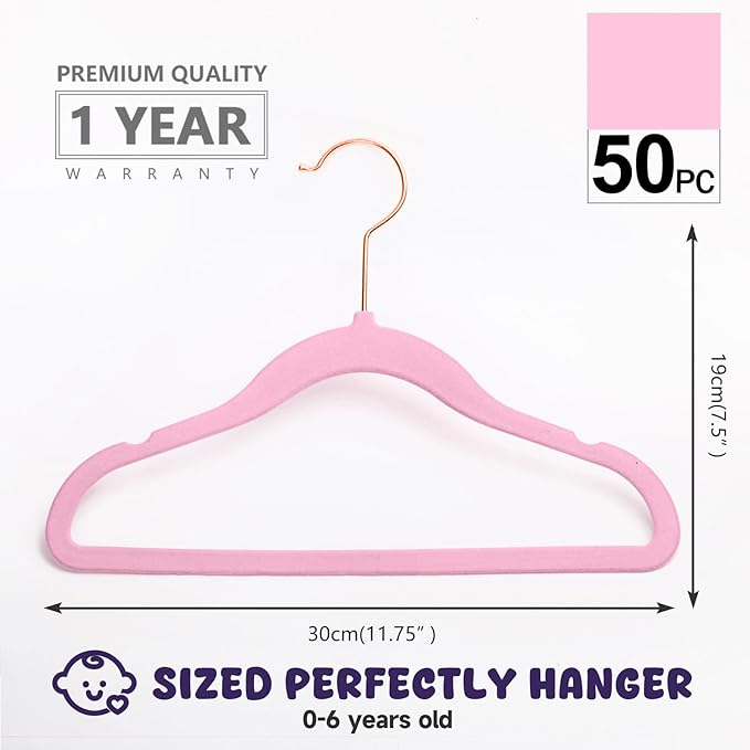 MIZGI Baby Velvet Hangers,Non-Slip Kids & Toddler Hangers,11.8 Inch Hangers for Baby Clothes,Pack of 50(Pink)