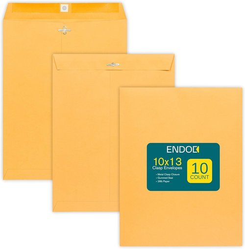 EnDoc 10 x 13 Clasp Envelopes - 10 Pack Brown Kraft Heavyweight 28lb Paper for Home & Office