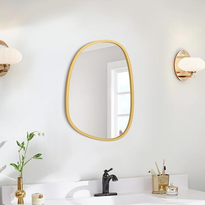Irregular Wooden Framed Mirror for Wall Modern Asymmetrical Unique Hanging Mirror Artistic Unique Oval Shape Wall Mirror Decor Bathroom Vanity Bedroom Living Room Entryway Hallway Small