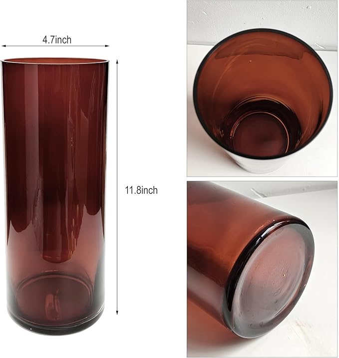 11.8" Amber Hand Blown Glass Vase, Thicken Cylindrical Shape, 4.7 Inch Diameter, Luxe Modern Decor for Centerpieces, Wedding, Home,Office
