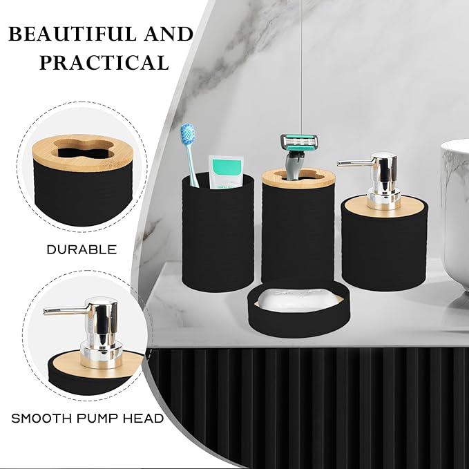 Bamboo Bathroom Accessories Set 4 Pcs, Black Bathroom Accessory Set with Soap Dispenser and Toothbrush Holder, Soap Dish and Mouthwash Cup, Boho Bathroom Decor
