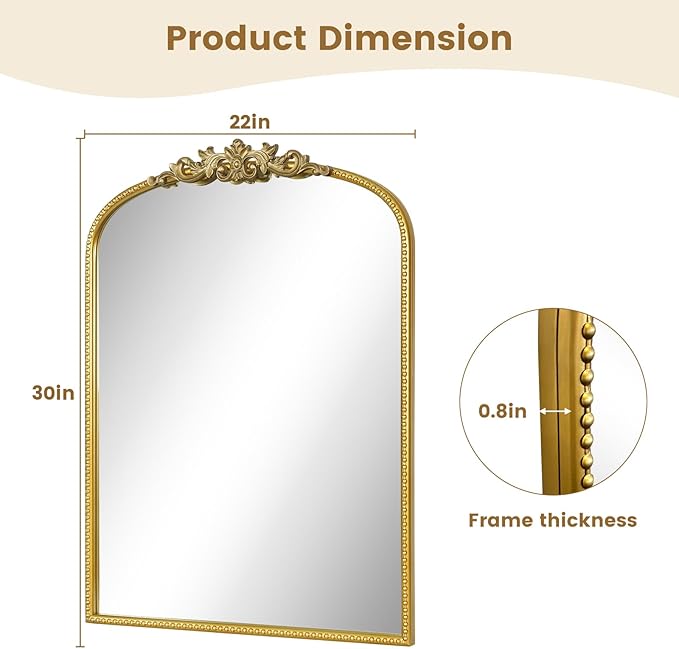 WallBeyond Gold Vintage Mirror for Vanity 22x30 Inch, Gold Antique Mirror with Ornate Frame, Arched Vintage Wall for Bathroom, Living Room, Fireplace, Entryway
