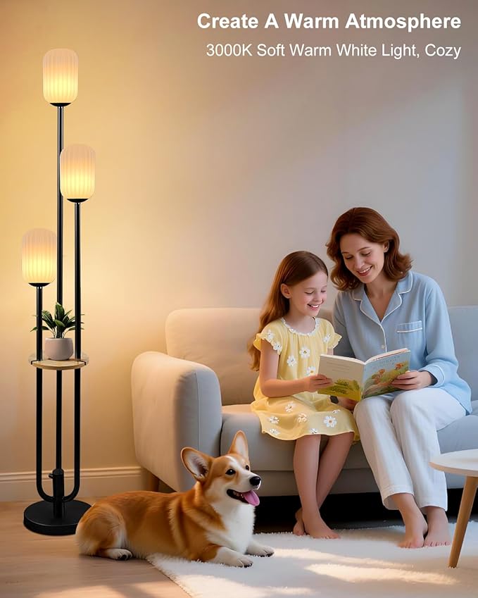 Floor Lamp for Living Room, Dimmable Vintage Floor Lamp with Shelf & LED Bulbs, 3 Light 3000K Soft Warmwhite Mid Century Standing Lamp, Tall Lamps with 5Lbs Heavy Base for Bedroom Home Decor