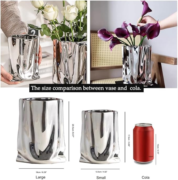 Ceramic Flower Vase, Crinkle Paper Shape, Silver Metal, Decorative Home Accent (Small)
