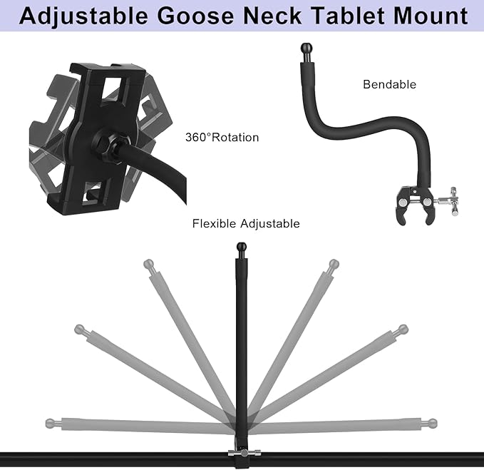 Mippko Tablet Holder for Treadmill/Elliptical/Spin Bike/Peloton/Indoor Cycle,Gooseneck Arm Super Crab Clamp Mount Compitable with 4.7~12.9" iPad/Nexus/LG G Pads/e-Reader/Switch/iPhone