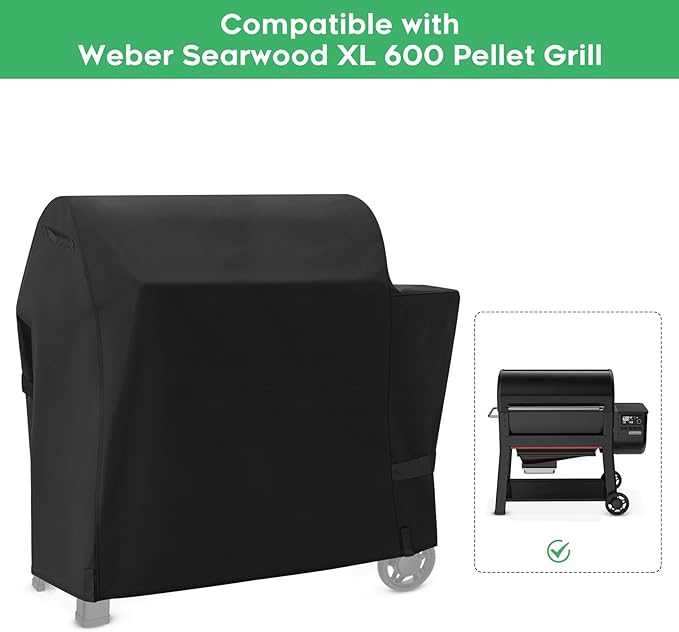 EZ-DONGTENG Heavy-Duty 600D Waterproof BBQ Grill Cover fits for Weber Searwood XL 600 Pellet Grill，3400146 Weber Searwood XL 600 Cover, Black