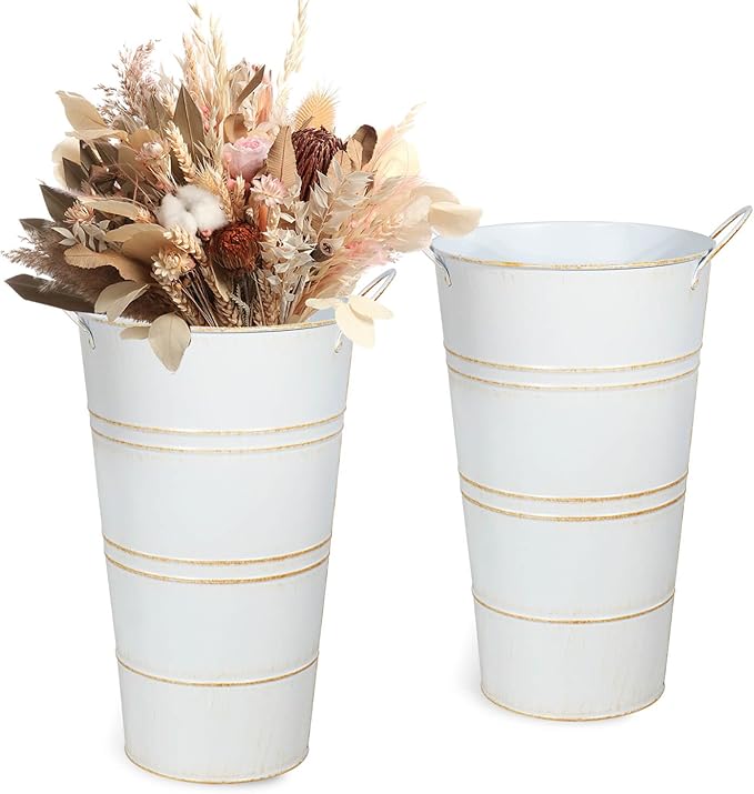 vensovo 12 Inch Galvanized Metal Vases for Flowers - 2 Pcs Farmhouse Decorative Tall Flower Bucket with Handles, Rustic French Tin Planter Buckets for Wedding Decor (White)