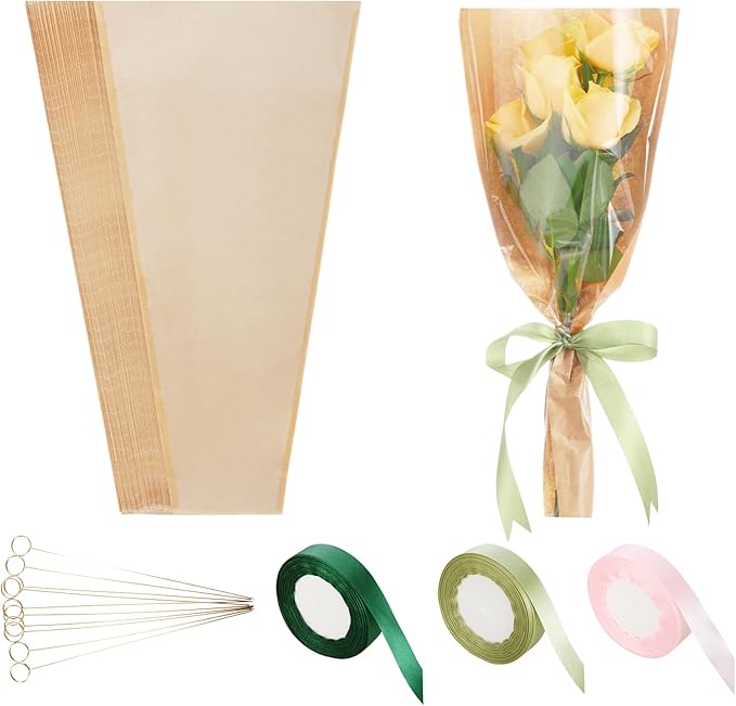 YLQLA 50 Pcs Kraft Flower Wrapping Paper Sleeves for Bouquets, Brown Flora Bouquet Wrapping Paper with Card Holder Picks and Ribbons,9.8x17.9 Inch Packing Sleeves Flower Bags for Flora Bar…