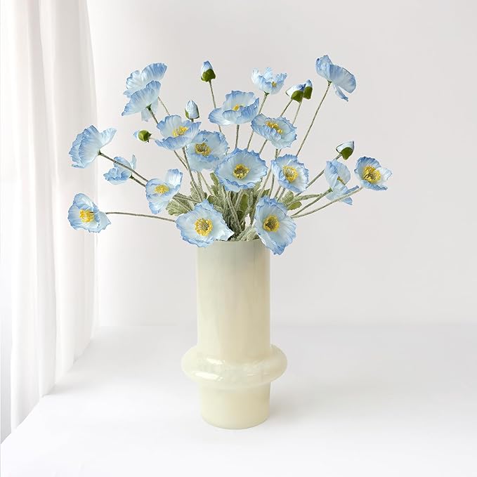 6PCS Blue Artificial Poppy Flowers with Stems Faux Poppies Bouquets Silk Spring Floral for Indoor Table Party Arrangement Wedding Ceremony Decor