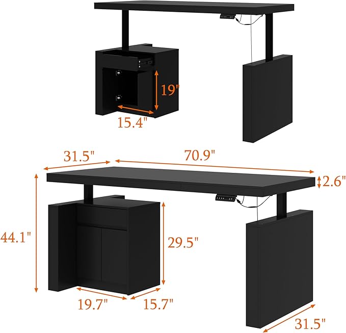 MOUMON 70.9” Electric Standing Desk with Drawer, Height Adjustable Executive Computer Desk with File Storage for Home Office, Sit Stand Desks, Black, 70.9”W x 31.5”D x 29.5”-44.1”H