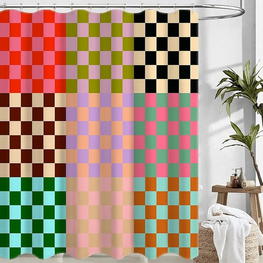 Mid-Century Abstract Boho Shower Curtain, Retro 70s Colorful Checkerboard Art Curtains for Bathroom,Morden Boho Shower Curtains 72x72 Inch