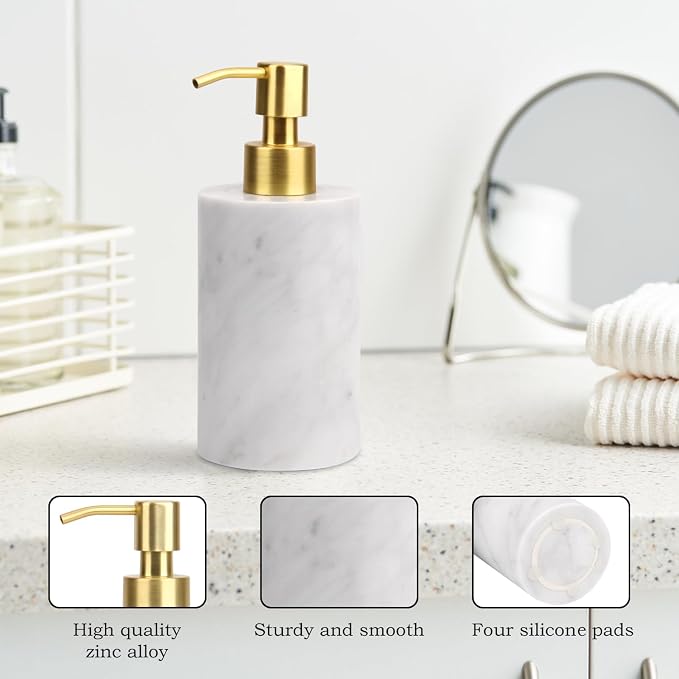 Natural Marble Soap Dispenser for Bathroom and Kitchen Countertop - 5.41 Ounces Hand Lotion and Liquid Stone Shampoo Laundry Bottle with Pump (1, Carrara White, Cylindrical Bottle)