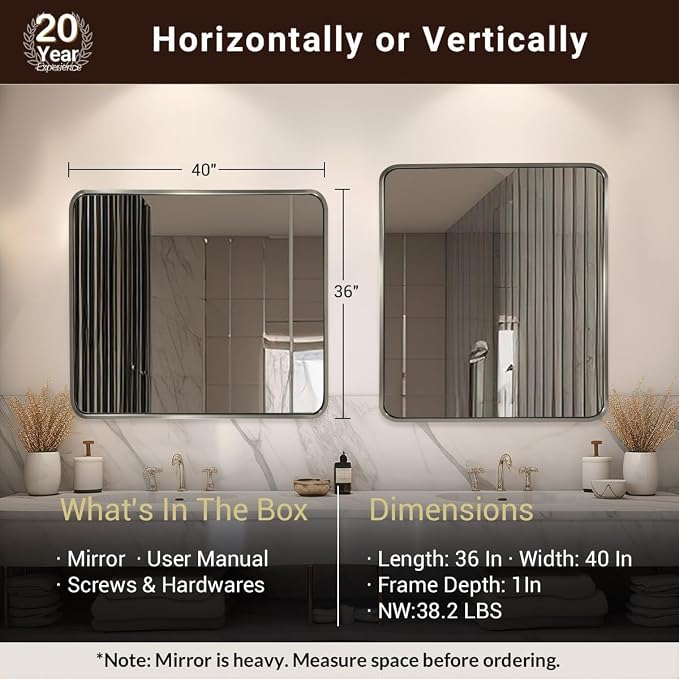 ANDY STAR 40x36 Inch Brushed Nickel Bathroom Mirror, Rounded Rectangle Bathroom Vanity Mirrors for Wall, Anti-Rust SUS304, Seamless Tube Metal Frame, 1’’ Deep Wall Mounted Vertically/Horizontal