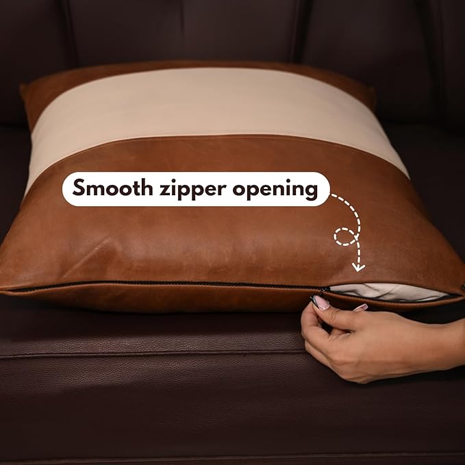 D DOLLY LAMB Lambskin Leather Pillow Cover - Sofa Cushion Case - Decorative Throw Covers for Living Room & Bedroom, 16x16 Inches - Tan & Off - White Plain
