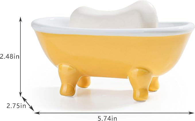 5.7" Ceramic Mini Clawfoot Bathtub Bar Soap Dish, Decorative Bar Soap Holder for Shower, Bathroom & Kitchen Sink (Yellow)