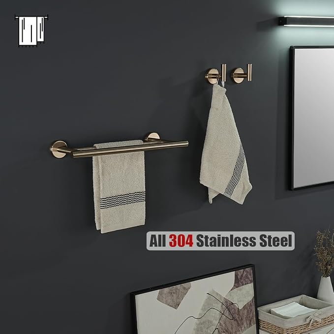 JQK Double Towel Bar Champagne Bronze, 15 Inch 304 Stainless Steel Thicken 0.8mm Towel Rack Holder for Bathroom Washcloths and Hand Towels Wall Mount, Useable Length 12 Inch, TB100L12-CB