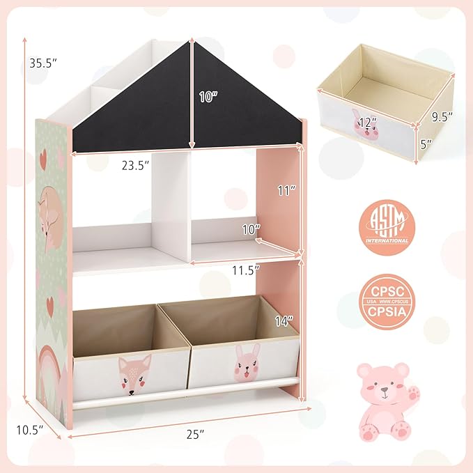 HONEY JOY Toy Storage Organizer, Wooden Dollhouse Bookcase w/Blackboard, Whiteboard, Storage Bins, Toddler Book Shelf, Children Toy Display Chest Cubby, Kids Bookshelf for Playroom Nursery (Pink)