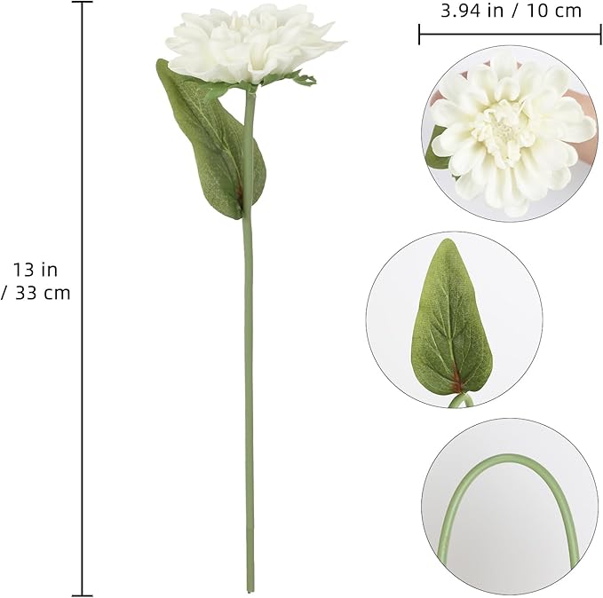 IPOPU 10pcs Artificial Chrysanthemums Flowers 13inch PU Dahlia Flowers White Fake Mums Faux Dahlia Flower with Stems for Home Wedding Office Table Centerpiece Floral Arrangement Decor(White)