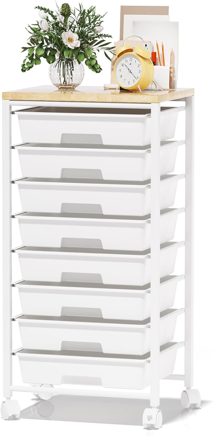 Skiennix Rolling Cart - 8 Drawer Storage Solution with Wooden Tabletop & Lockable Wheels | Versatile for Home & Office