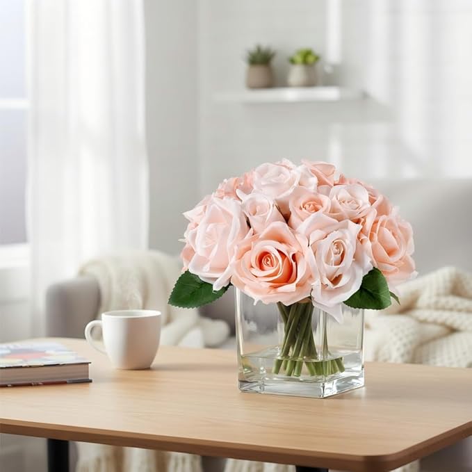 18 Heads Rose Faux Flowers in Vase, Aritificail Rose Floral Arrangement with Vase for Dining Table, Bedroom, Wedding Decor (Champagne)