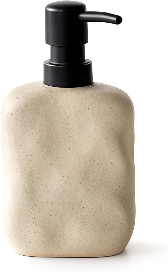 EMPO Ceramic Hand Soap Dispenser with Matte Black Pump, Stone-Textured Wabi-Sabi Liquid Dispenser for Bathroom Vanity and Kitchen Sink (440ml/14.8oz)