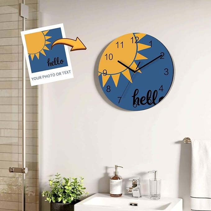 Sunburst Rays Wall Clock Battery Operated Non-Ticking 10" Round Wood Clocks, Mustard Yellow Slate Blue Kitchen Wall Clock for School Bathroom Living Room Home Office Wall Decor