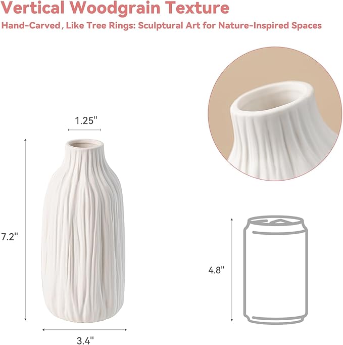 Woodgrain Sculptural Vase - White Matte Ceramic with Vertical Texture, 7.2" Unique Flower Vase for Pampas Grass/Centerpieces, Decorative Farmhouse Vase for Living Room/Office,Ideal Gift for Minimalist