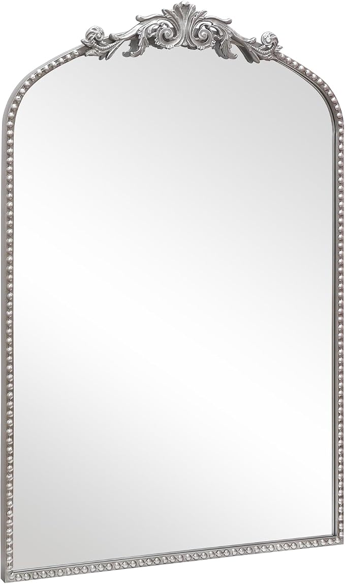 Antique Silver Arch Wall Mirror, 24"x36" Traditional Vintage Mantel Mirror with Ornate Metal Frame, Baroque Home Decor for Fireplace/Entryway/Bathroom/Living Room/Hallway