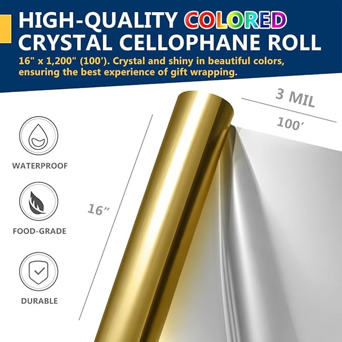 PerkHomy Colored Cellophane Wrap Roll 16" x 100' 3 Mil Thick Cellophane For Gift Basket Treats Goodie Wrapping Craft Flower Bouquet Plastic (Reflective, 100ft (16in Width))
