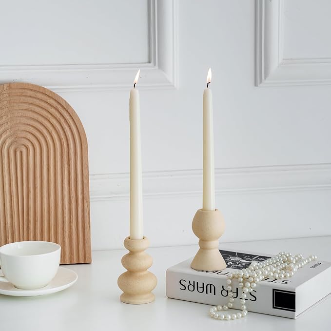 Taper Ceramic Candle Holders, Set of 2 Matte Boho Decorative Candlestick Holders,Table Decor Centerpiece for Home Decor Dinning Wedding Party Aromatherapy Votive (Matte Ivory, Style A)