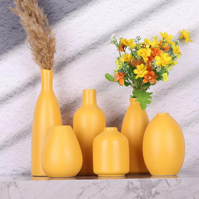 Yellow Ceramic Bud Vases Set of 6, Mini Vases for Farmhouse Mantel, Shelf & Fireplace, Home Accents for Living Room, Entryway, Bathroom, Kitchen, Office, Bulk Table Decor