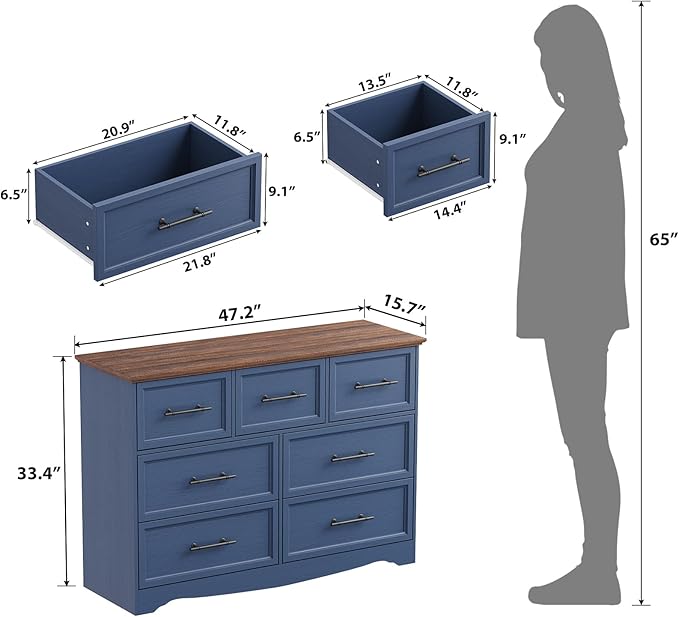 Blue Dresser for Bedroom, Modern 7 Chest of Drawers, 47" Wide Chest of Drawers w/Brushed Metal Handle, Wood Closet Organizers and Storage Cabinet for Bedroom, Living Room, Hallway