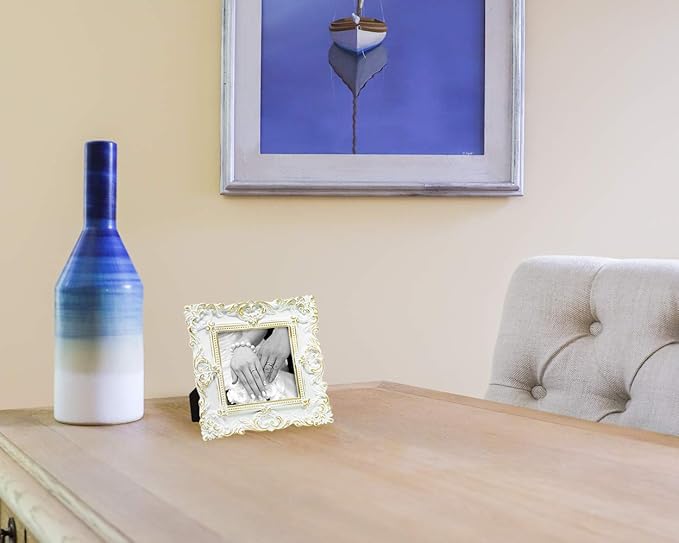 Laura Ashley 4x4 White & Gold Ornate Textured Hand-Crafted Resin Picture Frame w/Easel & Hook for Tabletop & Wall Display, Decorative Floral Design Home Décor, Photo Gallery, Art (4x4, White/Gold)