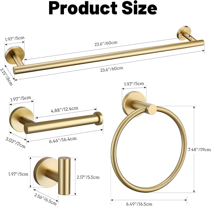 5 Pieces Brushed Gold Bathroom Hardware Accessories Set SUS304 Stainless Steel Gold Towel Bar Holder Set, 23.6Inch Towel Racks for Bathroom, Robe Towel Hooks, Toilet Paper Holder Wall Mounted