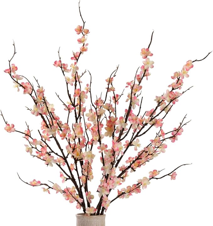 LESING 4pcs Cherry Blossom Flowers Artificial, Fake Silk Cherry Blossom Branches Tall Peach Blossom Flower Stems Arrangement for Wedding Home Office Party Decoration (Light Pink-2)