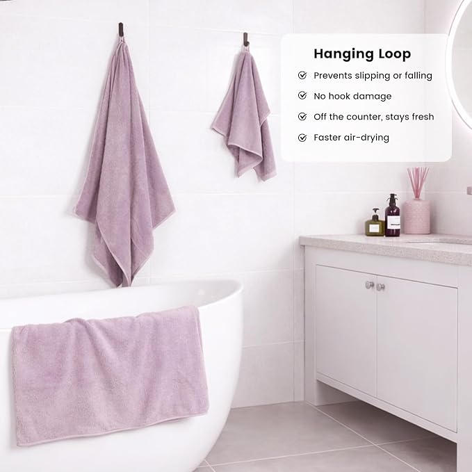 SEMAXE Bath Towel Set, 8 Piece Towel Set for Bathroom, Quick Dry Cotton Towels with Hanging Loops, Easy Care, Purple