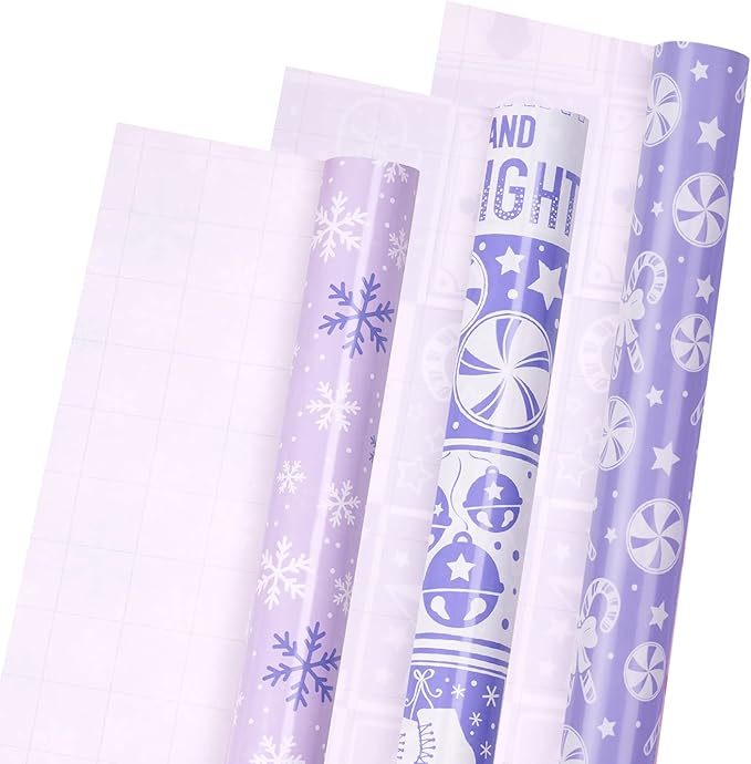 LeZakaa Christmas Wrapping Paper Mini Roll - Bell & Tree/Candy Canes/Snowflakes Design in Light Purple for Gift Wrap, Arts Crafts - 17 x 120 inches - 3 Rolls (42.5 sq.ft.ttl.)