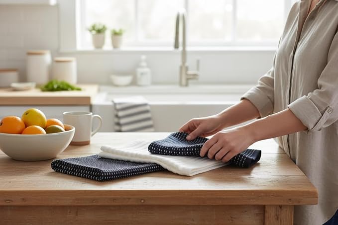 Serafina Home Navy Blue Kitchen Towels: 100% Cotton Soft Absorbent Assortment Ribbed Terry Loop, Set of 4 Multipurpose for Everyday Use (Navy Blue)
