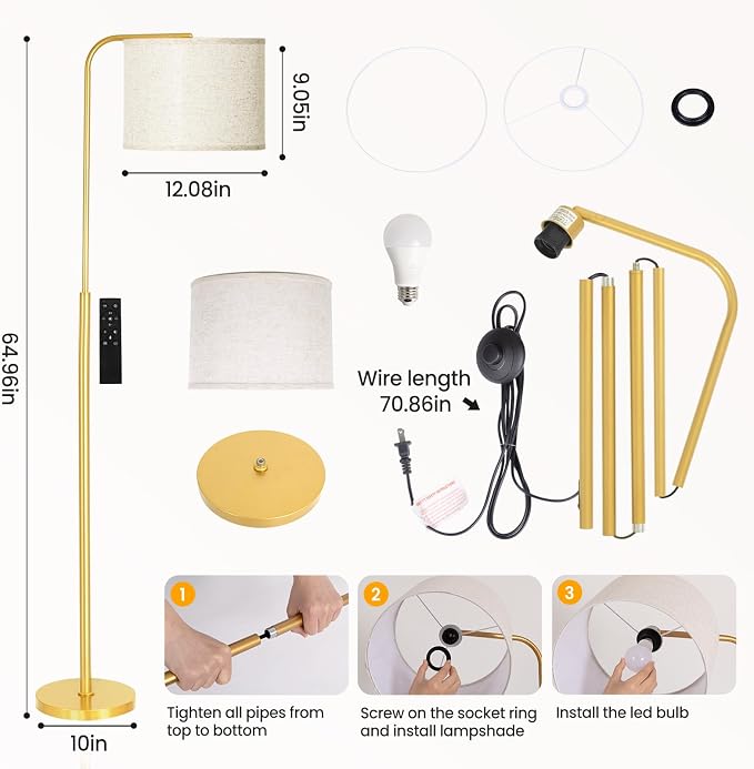 Remote Floor Lamp for Living Room and Bedroom - Modern RGB Standing Lamps Tall with Led Blub and Dimmable Light - Black Arc Room Lights with Shade for Home Decor Office Corner and Reading ( Gold+RGB)