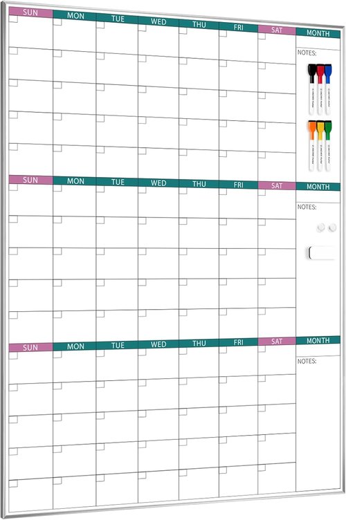 ARCOBIS Magnetic Dry Erase Calendar - 39"x28" Wall Board with Silver Aluminum Frame for Home & Office
